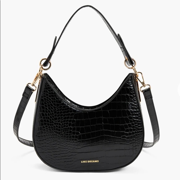 Like Dreams Handbags - Like Dreams Black Faux Crocodile Shoulder Bag Crossbody Double Straps Zipper